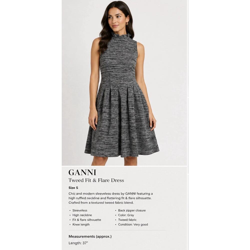 GANNI Gray Tweed Fit & Flare Dress Sleeveless High Neck Size S
